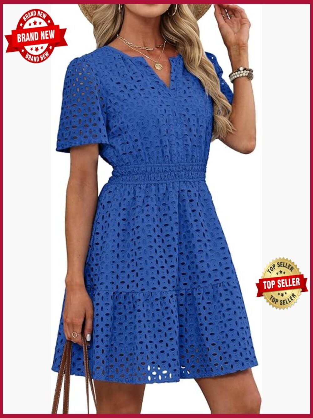 V Neck Eyelet Lace A Line Short Dress Summer Casual Puff Sleeve